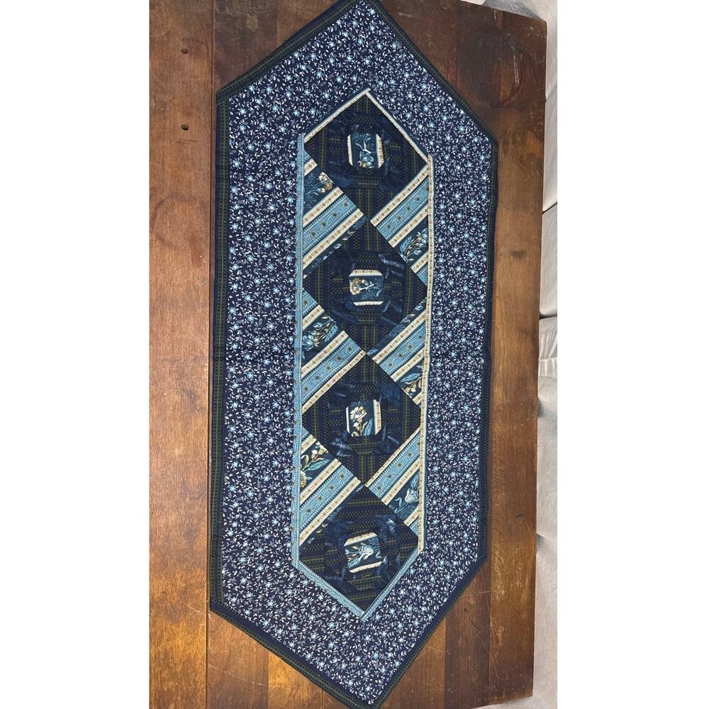 Handmade Machine Quilted Table Runner Reversible Blue Green / Multicolor Floral